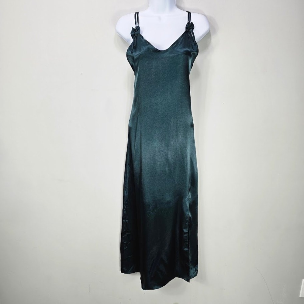 Vandre Womens Slip Dress Midi Emerald Green Satin Bow‎ Coquette Whimsigoth 90s